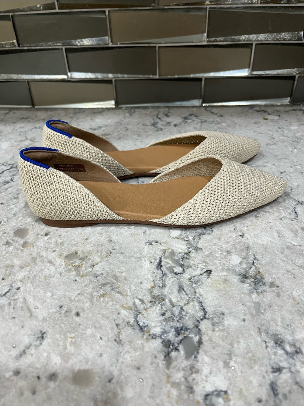Rothy's Beige Pointed D'Orsay Flats with Blue Heel Trim - Picture 3 of 8